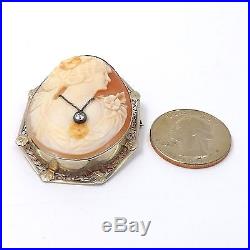 Art Deco 14K Gold Diamond Habille Necklace Carved Shell Cameo Brooch Pin Pendant