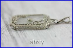 Art Deco 14K White Gold Camphor Glass Diamond Necklace Pendant Chain Lux! 16.5