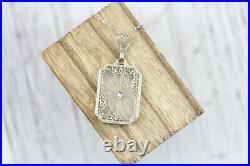 Art Deco 14K White Gold Camphor Glass Diamond Necklace Pendant Chain Lux! 16.5