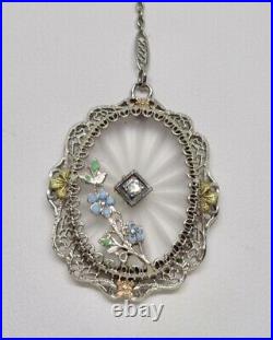 Art Deco 14K White Gold Diamond Enamel Camphor Glass Filigree Necklace Pendant