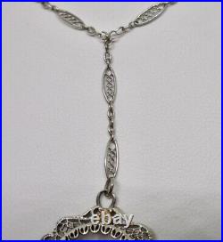 Art Deco 14K White Gold Diamond Enamel Camphor Glass Filigree Necklace Pendant