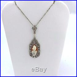 Art Deco 14K White Gold Diamond Habille Shell Cameo Pendant Necklace Sz 16