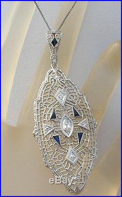 Art Deco 14K White Gold Diamond & Sapphire Necklace Pendant Antique Jewelry