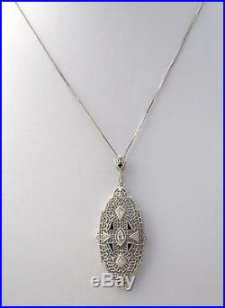 Art Deco 14K White Gold Diamond & Sapphire Necklace Pendant Antique Jewelry