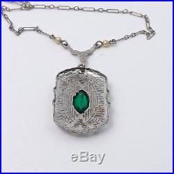 Art Deco 14K White Gold Emerald Seed Pearl Pendant Necklace Sz 18