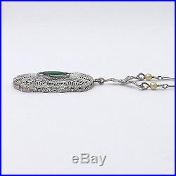 Art Deco 14K White Gold Emerald Seed Pearl Pendant Necklace Sz 18