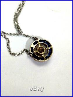 Art Deco 14K White Gold Sapphire and Diamond Circle Pendant Necklace
