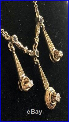 Art Deco 14K YG Diamond Dangle Lavalier Choker Necklace- Perfect Moms Day Gift