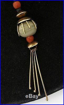 Art Deco 14K gold beautiful Red coral & agate tassel pendant on chain necklace
