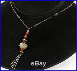 Art Deco 14K gold beautiful Red coral & agate tassel pendant on chain necklace