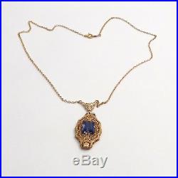 Art Deco 14k & 10k Gold Sapphire Filigree Pendant Necklace 16