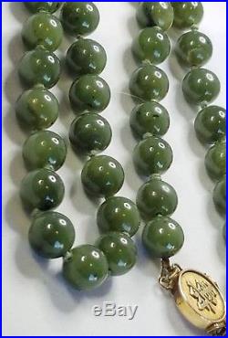 Art Deco 14k 585 Chinese Symbol Green Spinach Jade Beads hand Strung Necklace