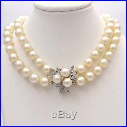 Art Deco 14k Gold 7mm Cultured Akoya Pearl Double Strand Diamond Choker Necklace