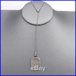 Art Deco 14k Gold Camphor Glass Diamond Pendant Lariat Rhodium Chain Necklace