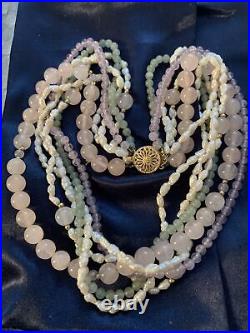 Art Deco 14k Gold Flower Clasp 6 Strand Amethyst Rose Quartz Pearl Bead Necklace