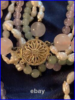 Art Deco 14k Gold Flower Clasp 6 Strand Amethyst Rose Quartz Pearl Bead Necklace