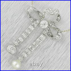 Art Deco 14k Gold & Platinum 1.10ctw Diamond & Pearl Ribbon Necklace 15.75