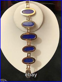 Art Deco 14k Rose Gold Lapis Handmade Bracelet Ring Necklace Pendant Set 88.3g