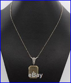Art Deco 14k Solid White Gold Diamond & Crystal Filigree Pendant Necklace SMS NR