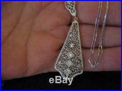 Art Deco 14k White Gold 2, 3 Diamond Filigree Pendant/Necklace, 20