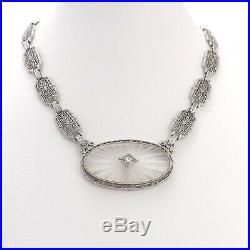 Art Deco 14k White Gold Camphor Glass Diamond Filigree Link Choker Necklace