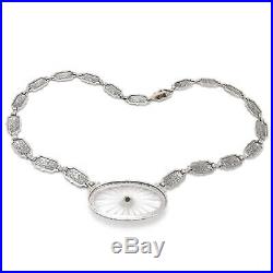 Art Deco 14k White Gold Camphor Glass Diamond Filigree Link Choker Necklace
