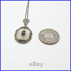 Art Deco 14k White Gold Camphor Glass Diamond Filigree Pendant Chain Necklace