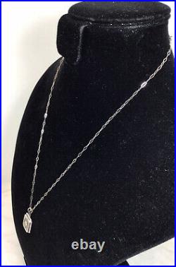 Art Deco 14k White Gold Camphor Glass Diamond Filigree Pendant Necklace