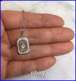Art Deco 14k White Gold Camphor Glass Diamond Filigree Pendant Necklace
