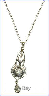 Art Deco 14k White Gold Diamond Lavalier Pendant Necklace Chain