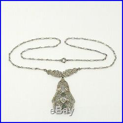 Art Deco 14k White Gold Emerald Diamond Lavalier Pendant Necklace 15 Inch
