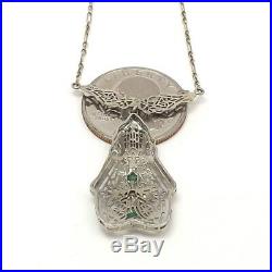 Art Deco 14k White Gold Emerald Diamond Lavalier Pendant Necklace 15 Inch