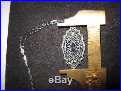 Art Deco 14k White Gold Filigree Amethyst Pendant/Necklace, 18
