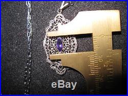Art Deco 14k White Gold Filigree Amethyst Pendant/Necklace, 18