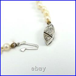 Art Deco 14k White Gold Mine Cut Diamond Clasp Akoya Pearl Graduated Necklace