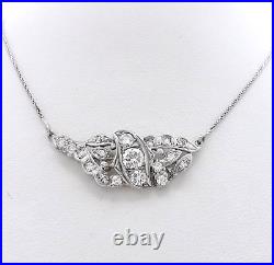 Art Deco 14k White Gold Old European Cut Diamond Pendant Necklace Wheat Link16in