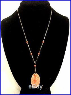 Art Deco 14k Yellow Gold Carved Mediterranean Salmon/Red Coral Pendant Necklace