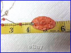 Art Deco 14k Yellow Gold Carved Mediterranean Salmon/Red Coral Pendant Necklace
