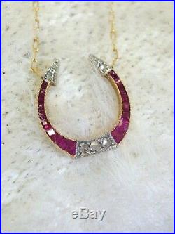 Art Deco 18K Yellow Gold Natural Ruby Rose Cut Diamond Horseshoe Necklace Pendan