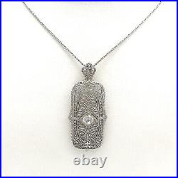 Art Deco 18k White Gold White Sapphire Filigree Pendant Wheat Chain Necklace