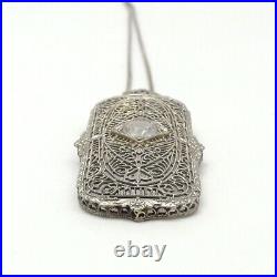 Art Deco 18k White Gold White Sapphire Filigree Pendant Wheat Chain Necklace