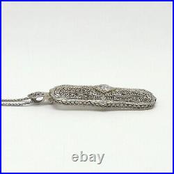 Art Deco 18k White Gold White Sapphire Filigree Pendant Wheat Chain Necklace