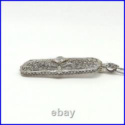 Art Deco 18k White Gold White Sapphire Filigree Pendant Wheat Chain Necklace