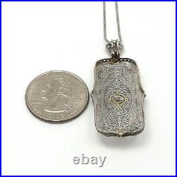 Art Deco 18k White Gold White Sapphire Filigree Pendant Wheat Chain Necklace