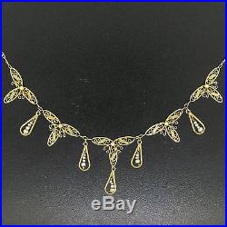Art Deco 18k Yellow Gold Milgrain Filigree Link Seed Pearl Bead Collier Necklace