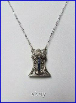 Art Deco 1920's Platinum Diamond Sapphire Pendant, 14K White Gold Necklace Chain