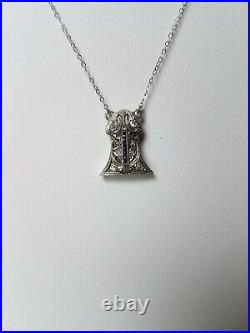 Art Deco 1920's Platinum Diamond Sapphire Pendant, 14K White Gold Necklace Chain