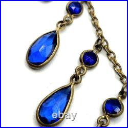 Art Deco 1920s 30s Blue Faceted Glass Bezel Statement Necklace