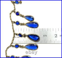 Art Deco 1920s 30s Blue Faceted Glass Bezel Statement Necklace