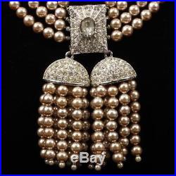 Art Deco 1930's 4-strand Champagne Faux Pearl & Pave Diamante Tassels Necklace